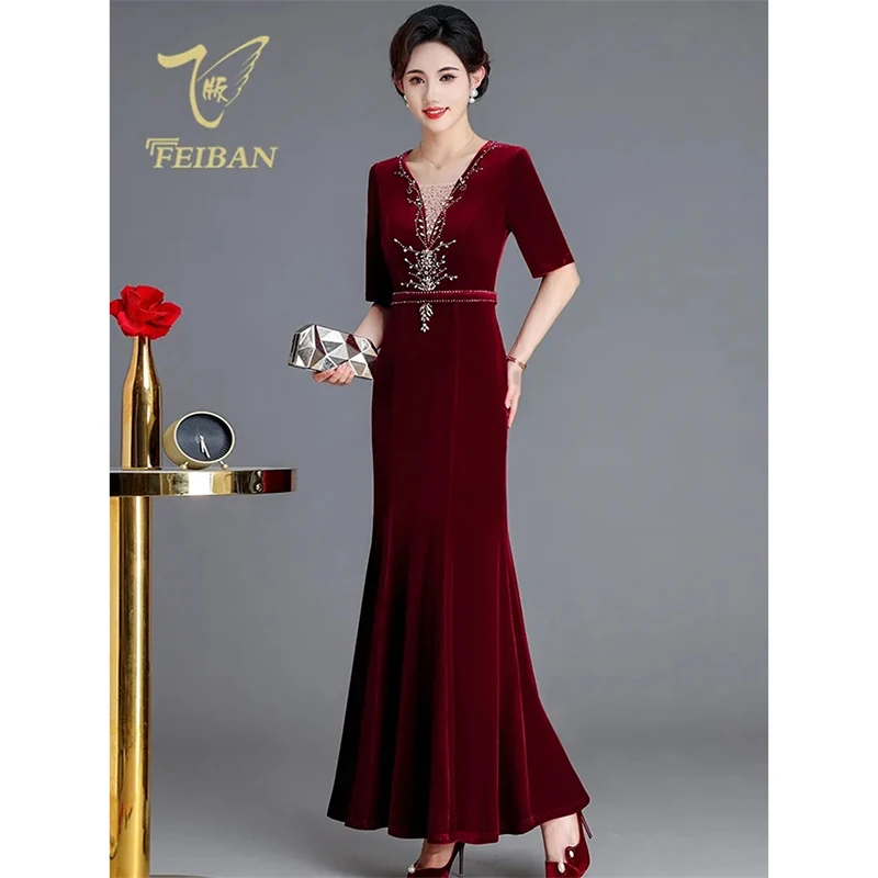 Vintage Diamonds Edding Dress 2025 Spring Attend Wedding Mother Dess Dinner Party Improved Cheongsam Short Sleeve Dresses Lady