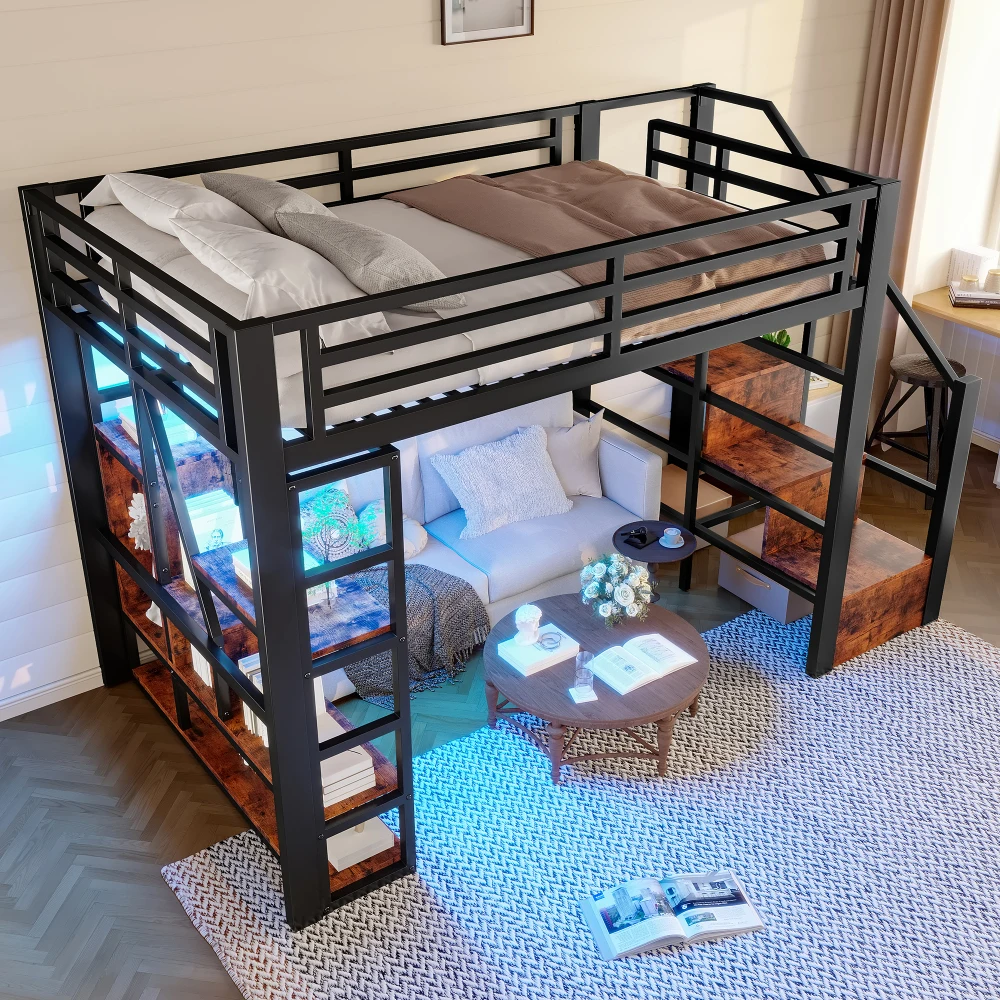 Hochbett mit Eisenrahmen, Stufen, Geländer, Leiter und LED-Beleuchtung, offener Stauraum unter dem Bett, 90 x 200 cm/140 x 200 cm – Detail 31