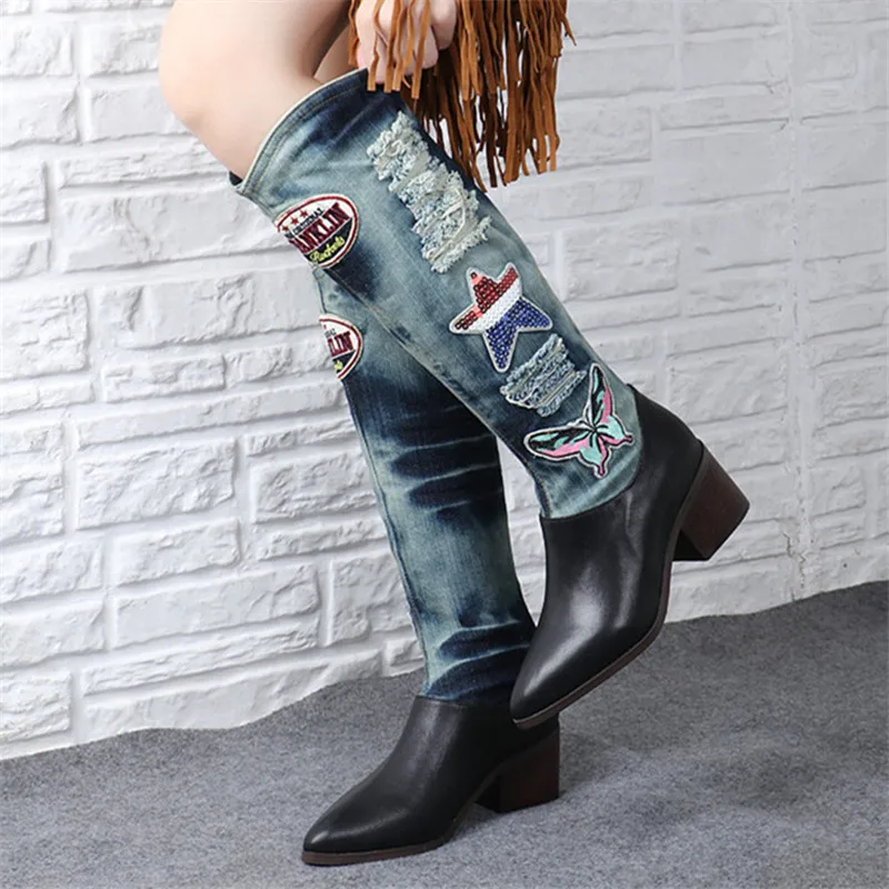 

Appliques Women Knee High Boots Chunky High Heel Denim Boot Pointed Toe Slip-on Female Long Jean Botas Mujer