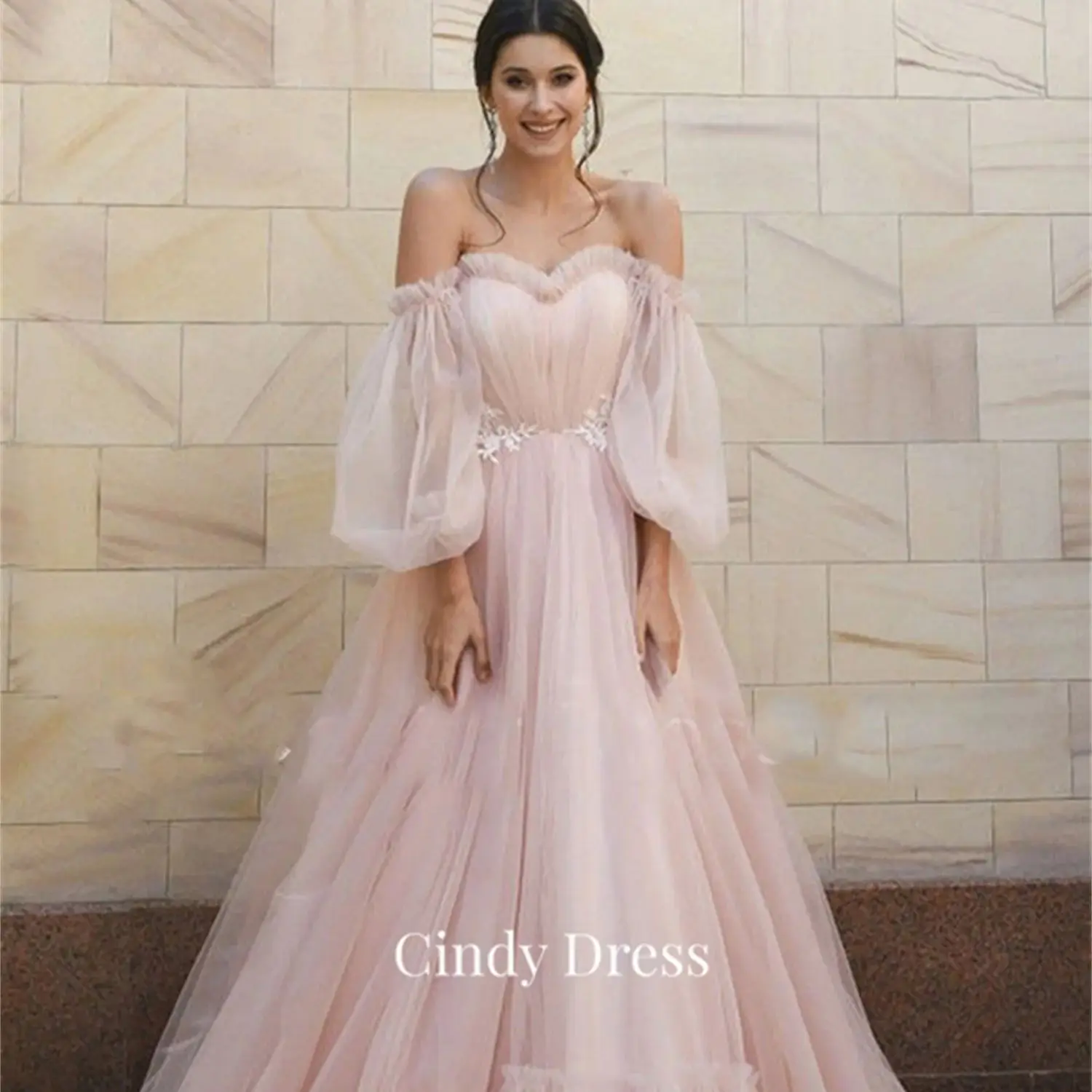 

Cindy Puff Sleeves Off the Shoulders Sweetheart Mesh Pink Women's Evening Dress Guest Wedding Party Dubai Luxury Elegant Long