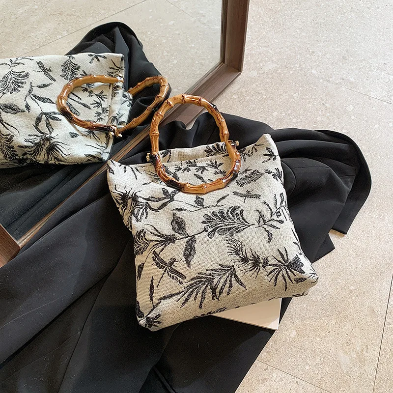 Chinese Style Vintage Flower Pattern Handbag Fashion Trend Bamboo Handle Tote Bag Women's Cheongsam Han Chinese Clothing Bag