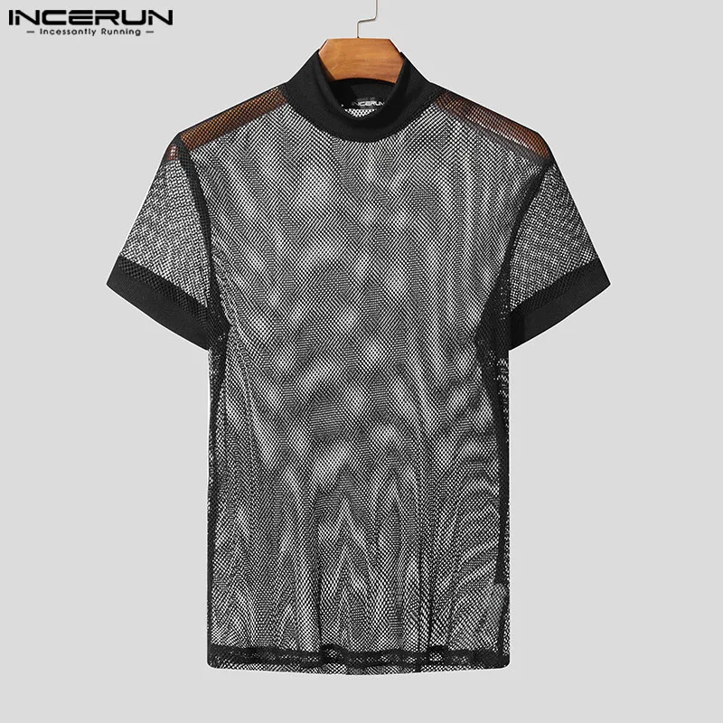 INCERUN Summer T-Shirts Short Sleeve Mesh Tee See Through Hollow Out Tops Tee Men's Clothing Sexy Streetwear Oversize Tops