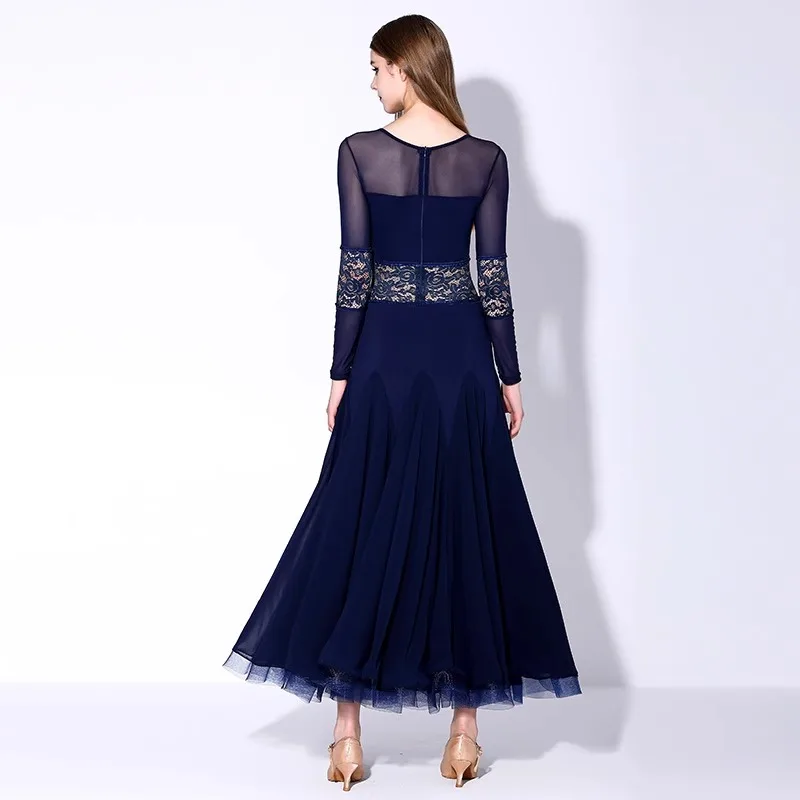 New Adult Modern Dance Dress MY875 National Standard Dance Dress Navy Blue Long Sleeved Waltz Practice Suit