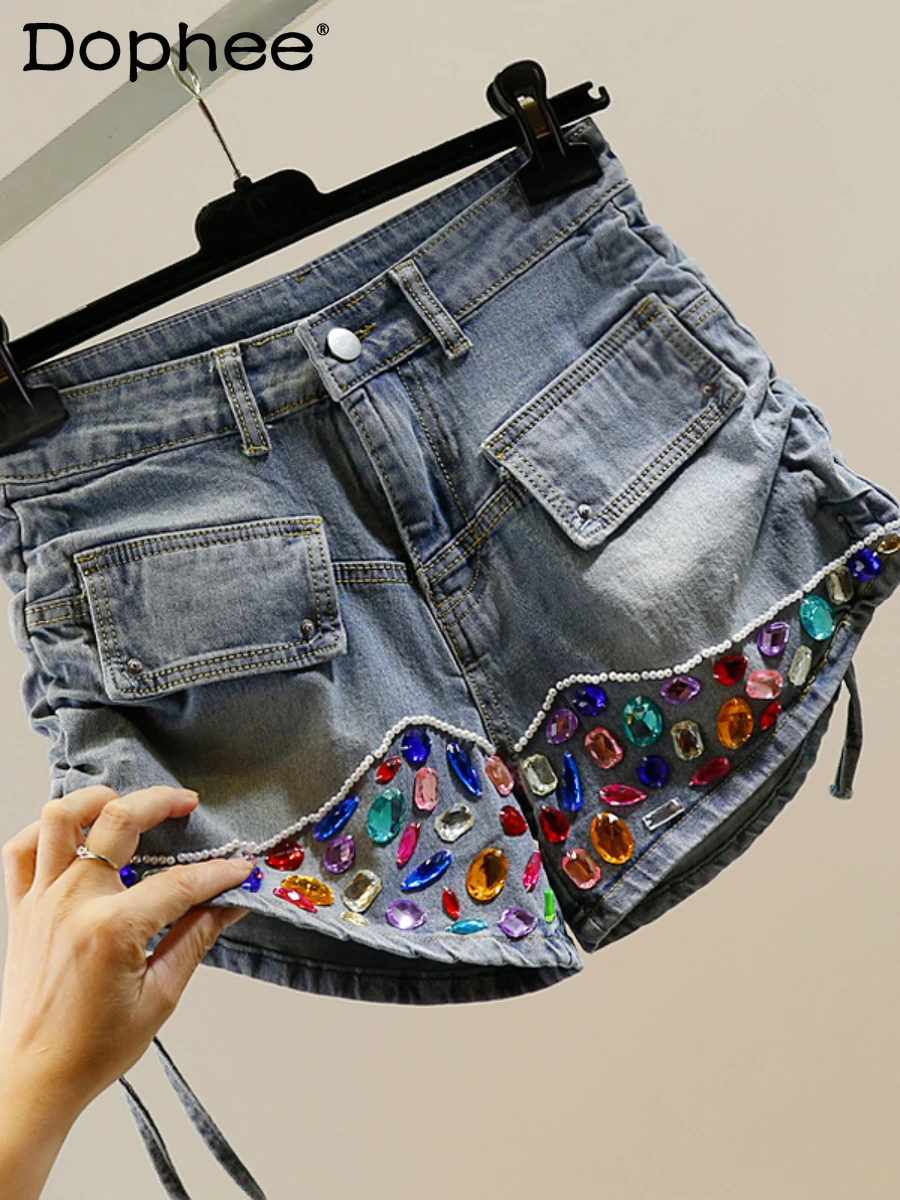 heavy-industry-beaded-color-diamond-denim-shorts-women-drawstring-pleated-shorts-western-style-all-matching-slimming-short-pants