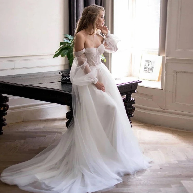 

Detachable Long Sleeves A Line Lace Wedding Dresses Sexy Sweetheart Removable Bridal puff sleeve Long Bicep Boho Bridal Gowns