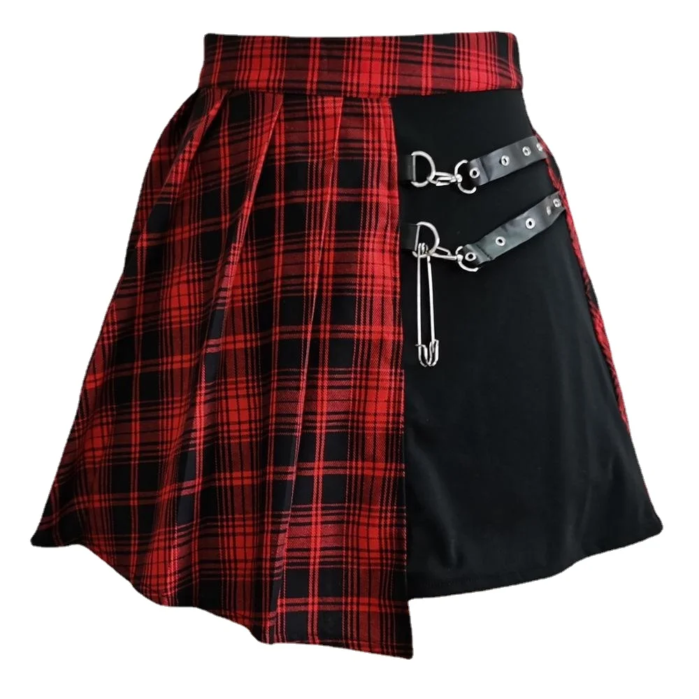 

Women's Harajuku Punk Grunge Goth Pleated Tartan Red Plaid High Waist Asymmetric Mini Skirt Skater Skirts