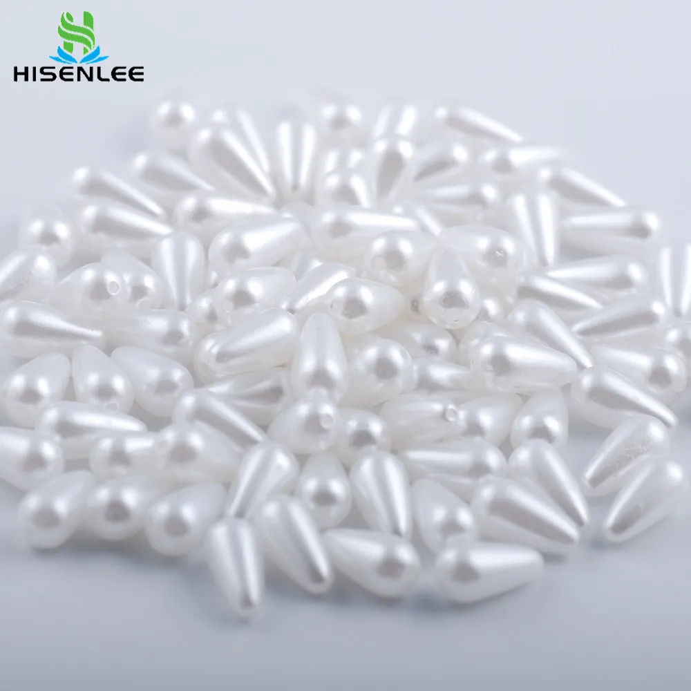 Hisenlee Multi-Size White ABS Water Drop Double Hole Imitation Pearl Needlework beads For Costume Jewelry Diy
