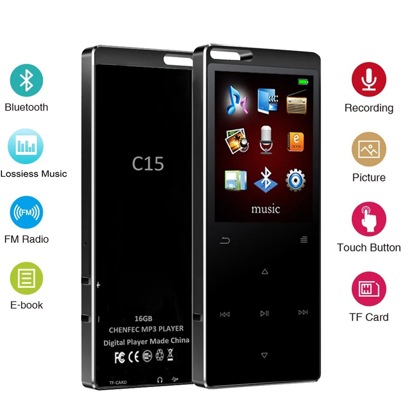 C15 Lossless Music Player with Bluetooth 16G Touch Key Touch Screen, Voice Recorder Pedometer Ebook FM Radio Player Metal
