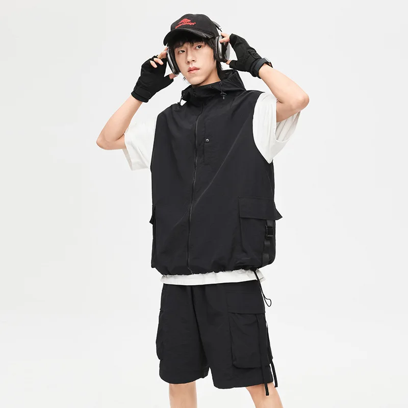 Men's Sleeveless Hooded Shorts Suit Quick-Drying Breathable Workwear Casual Summer Cargo Set Men