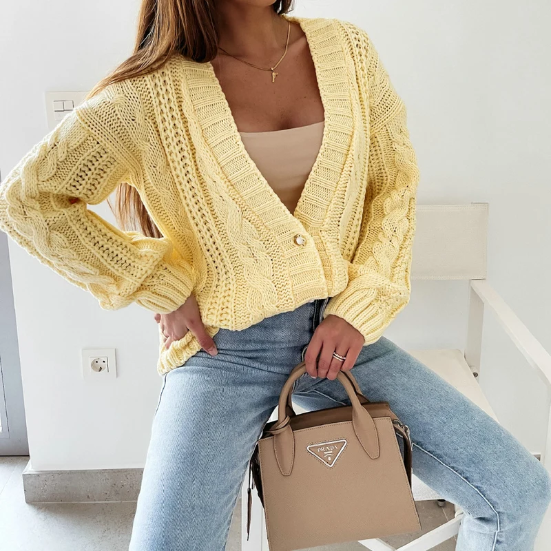 Winter Women Knitted Cardigan Sweater V-neck Long Sleeve Fried Dough Twists Solid Color Casual Autumn Elegant Lady Casual Coat