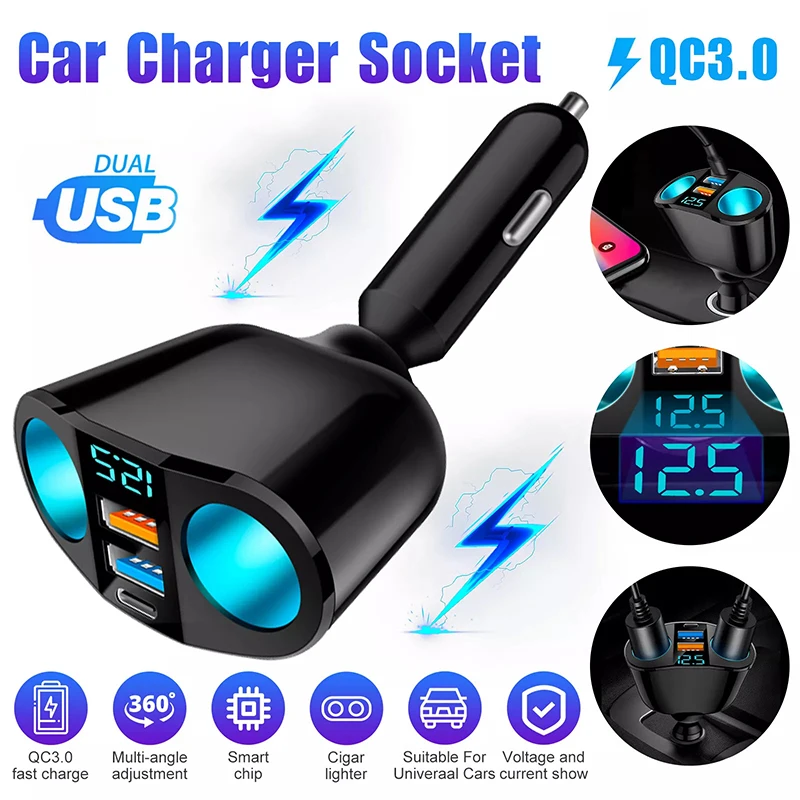 Car Charger Multiple Devices Can Be Charged at the Same Time with Digital Display Car Charg Dual-port Car Charger Adapter