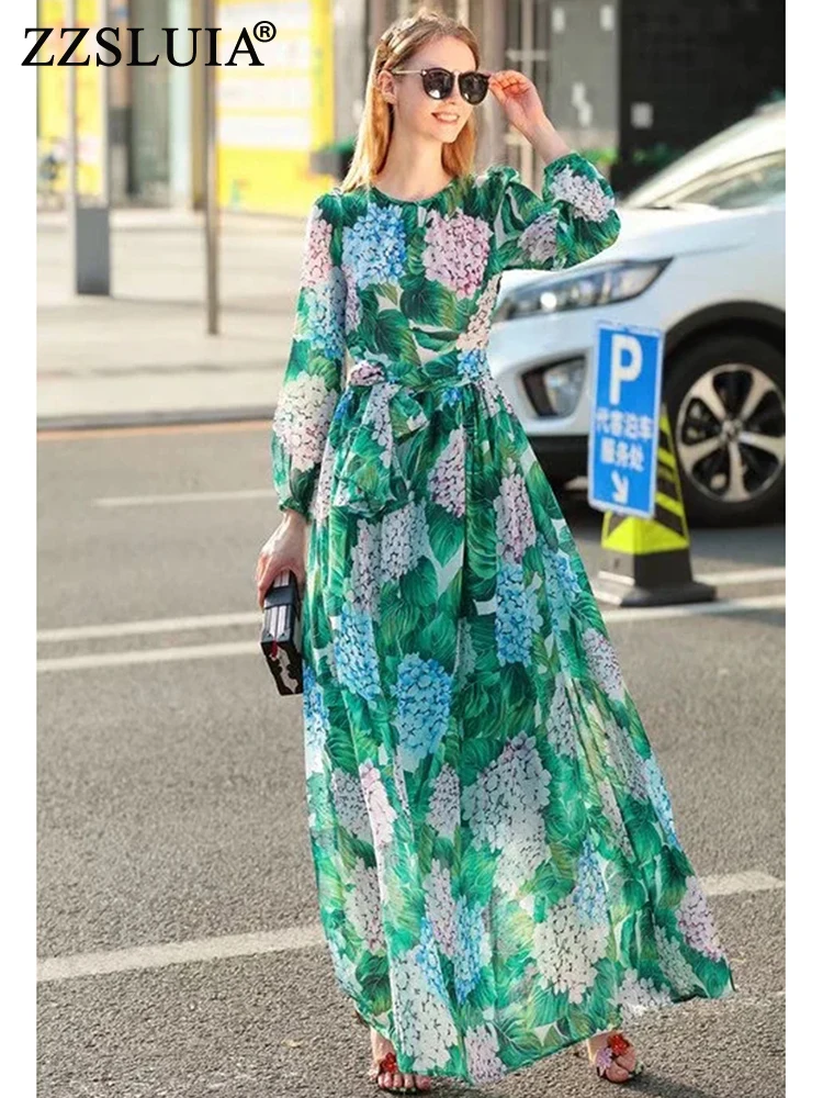 

ZZSLUIA Elegant Dresses For Women Hydrangea Printed Buttons Designer Slim Maxi Long Dress Fashion Lantern Sleeve Bohemia Dresses
