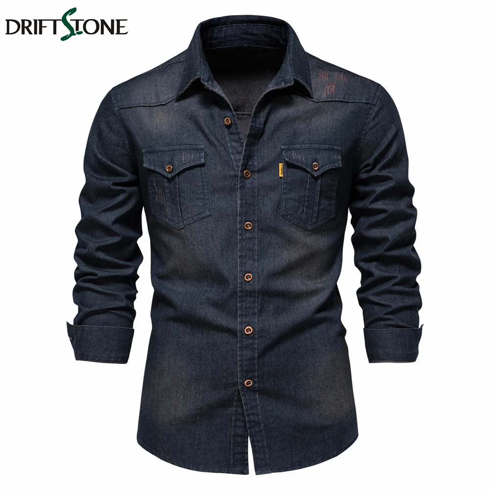 

New Spring Denim Shirts Men 100% Cotton Fashion Mens Jeans Shirt Slim Fit Smart Solid Long Sleeve Casual Male Shirt Black