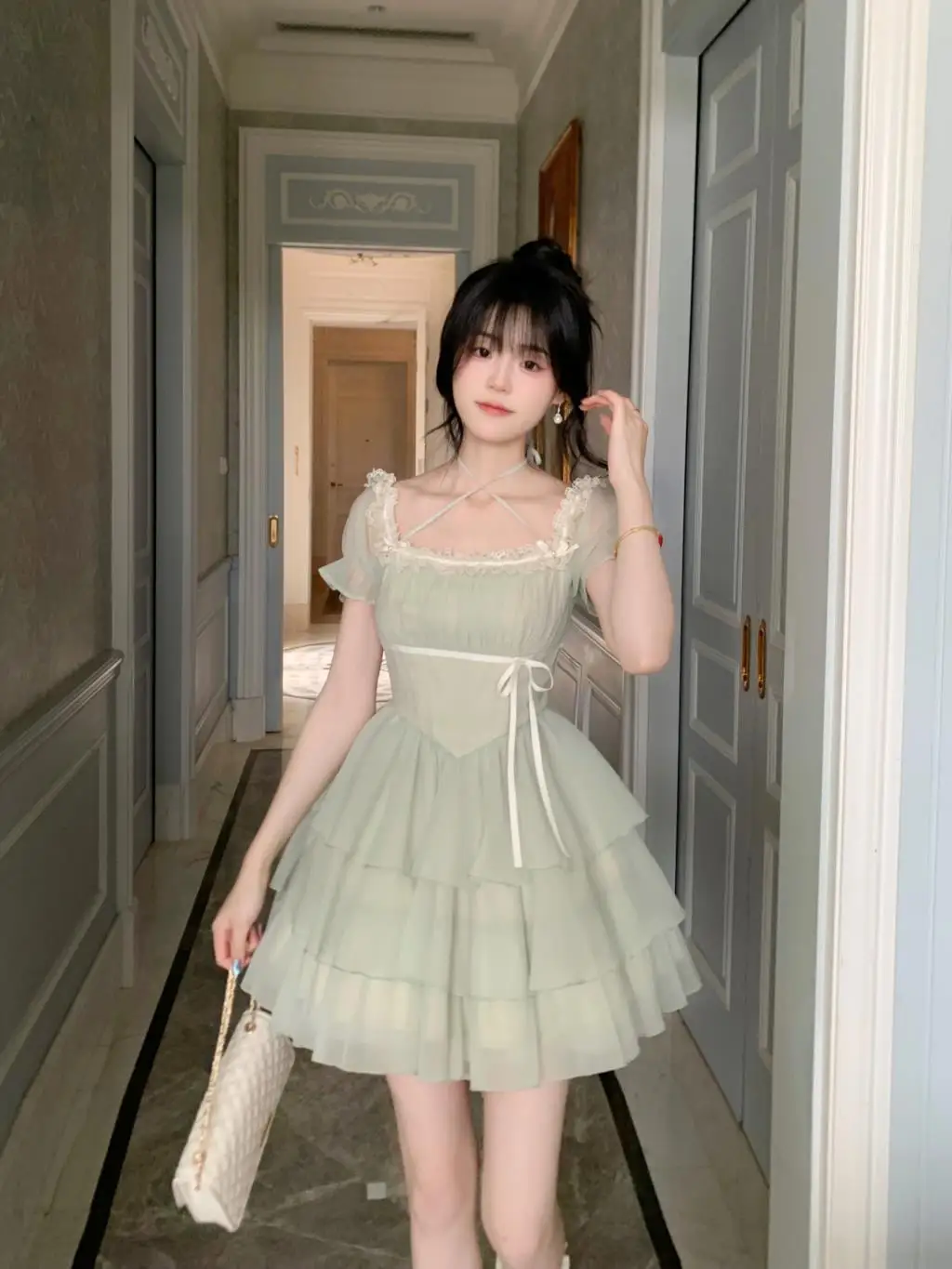 Y2K Princess Birthday Party Dress Lace Patchwork Short Dresses for Women Puff Sleeves Ruffles A-line Cake Vestido Mujer New