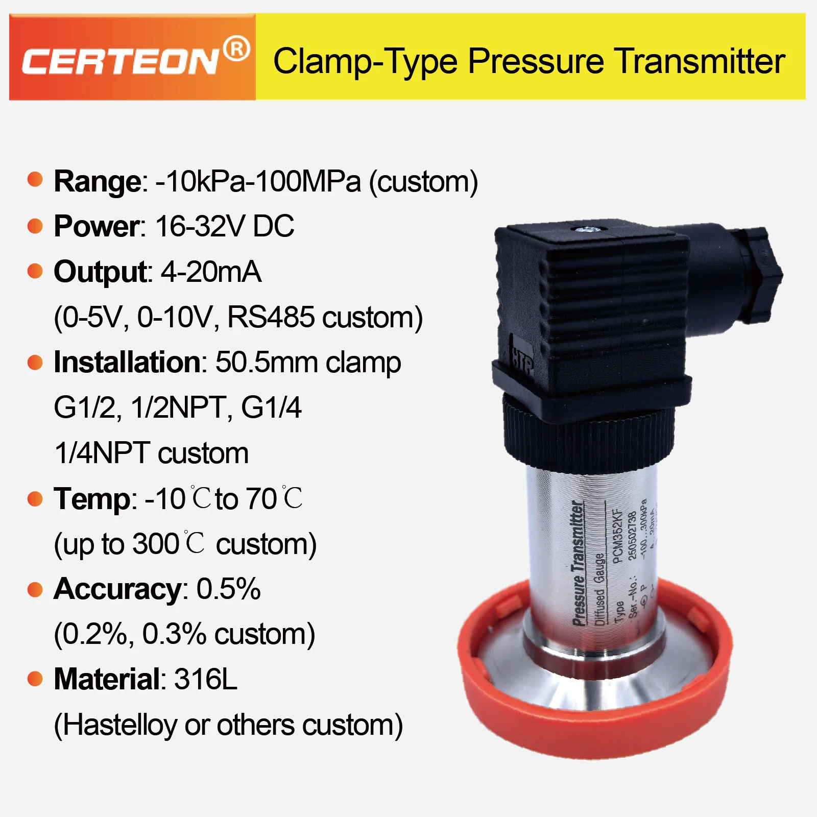Clamp Pressure Transmitter Tri-Clamp Hygienic Pressure Sensor Sanitary Food Grade Stainless Steel Transmitter