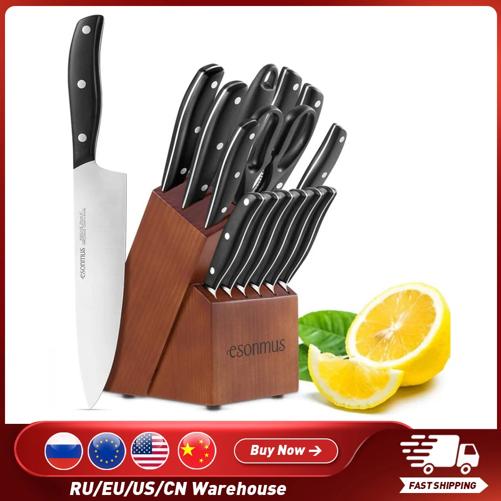 15pcs Kitchen Cutting Tool Set with Wooden Block Sharpener Stainless Steel Chef Cutters