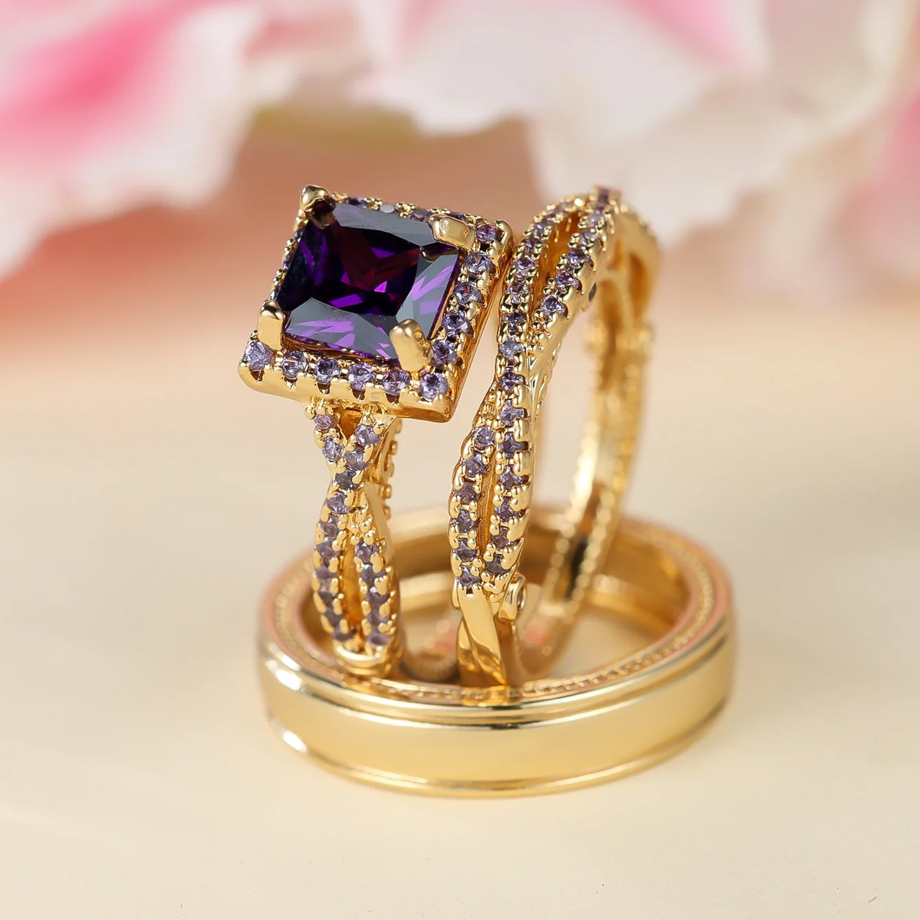Crystal Female Purple Zircon Ring Set Fashion Vintage Gold Color Bridal Wedding Engagement Jewelry For Women