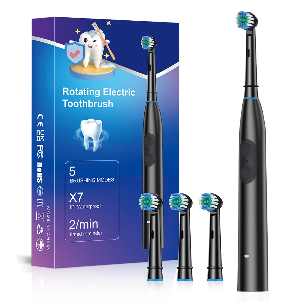 Rechargeable Oscillating Electric Toothbrush for Adults - 5 Modes, Waterproof, with 4 Brush Heads