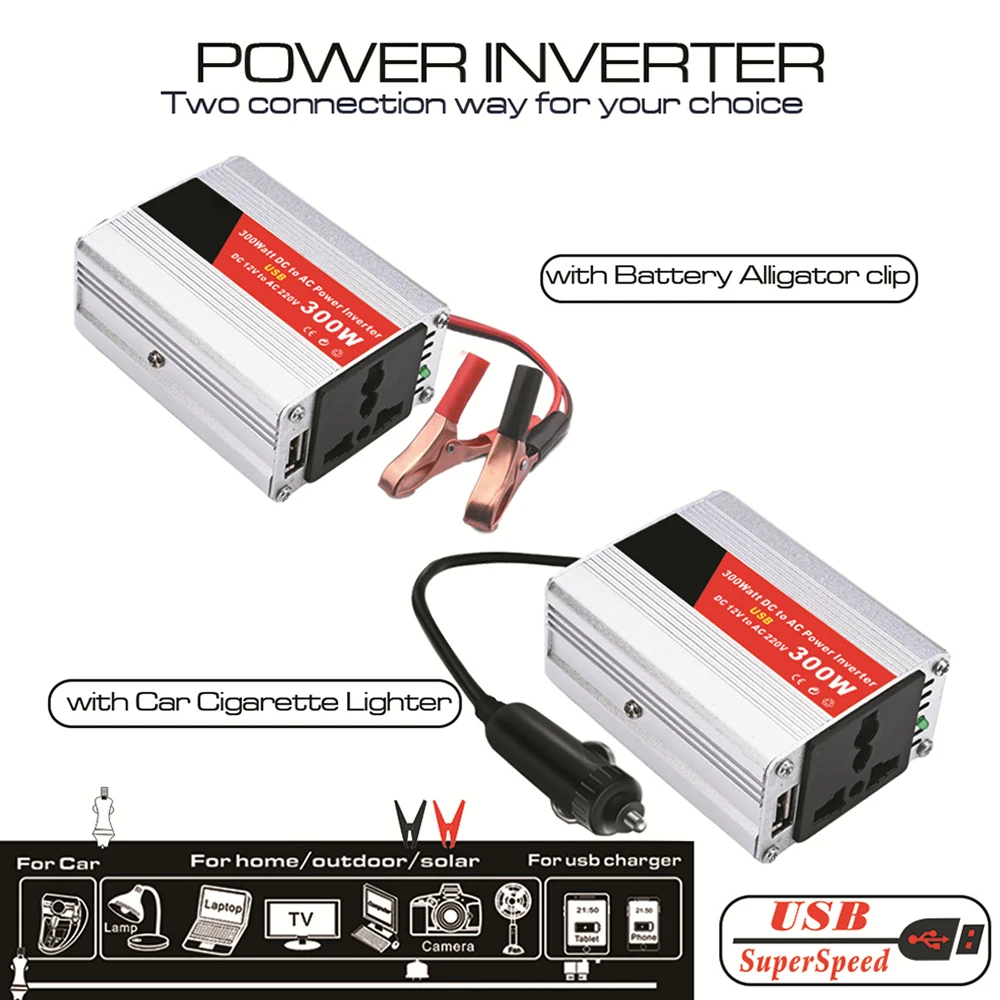 

300W Car Power Inverter Converter Adapter DC 12V to AC 220V with Battery Clip Suitable For Outdoor Household Appliances