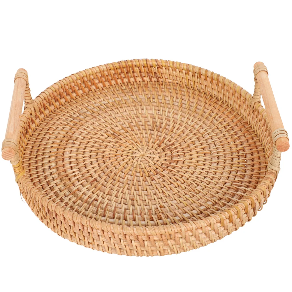 

Rattan Round Tray Bathroom Wicker for Coffee Table to Weave Snacks Serving with Handles Woven