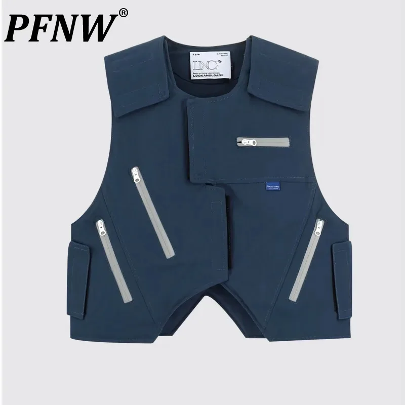 

PFNW Men's New Tide Fashionable Streetwear Functional Work Suit Vest Multiple Pockets Outdoor Waterproof Zipper Tops 12Z2051