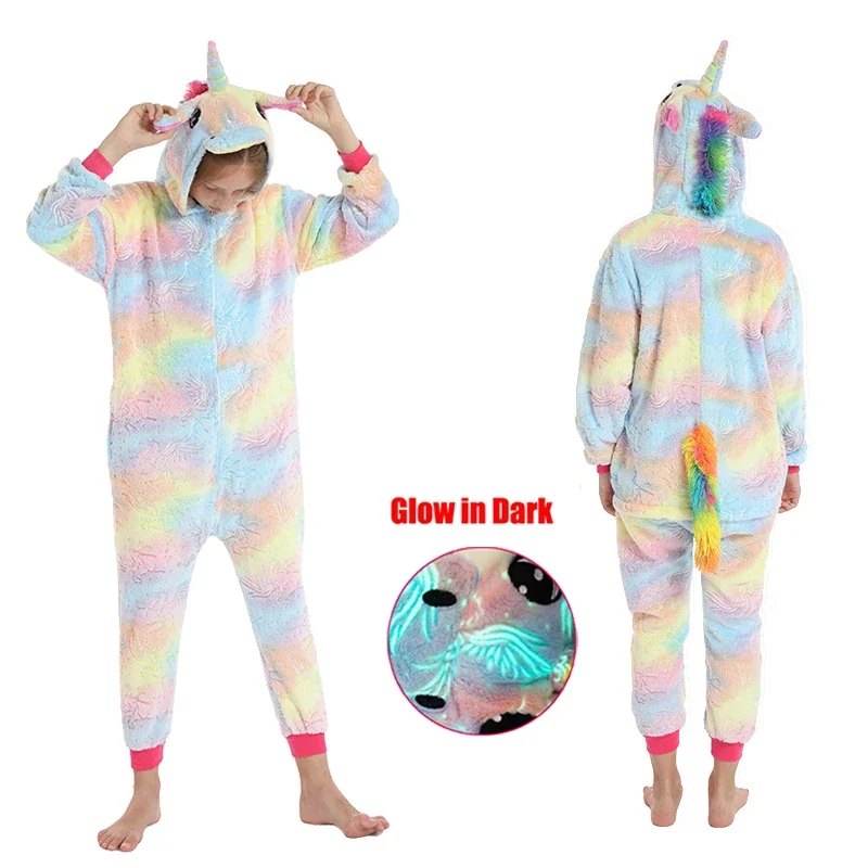 Winter Jumpsuit Kids Kigurumi Anime Overalls for Children Unicorn Pajamas Warm Plush Glow In The Dark Pyjamas Boys Girls Onesies
