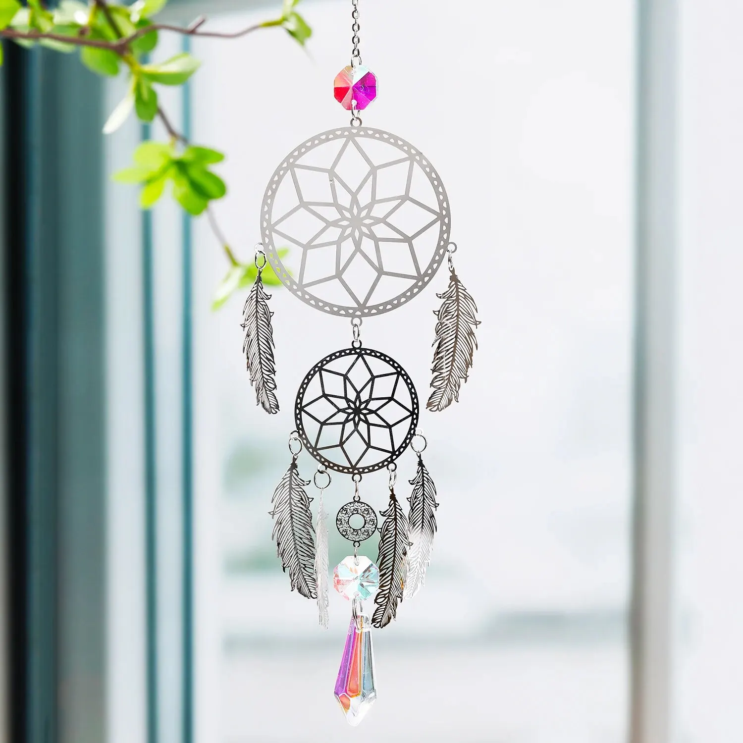 1 Pc Silver Feather Dreamcatcher Outdoor Lighting Crystal Hanging Garden Sun Catcher Holiday Wedding Party Decoration Supplies sun catcher