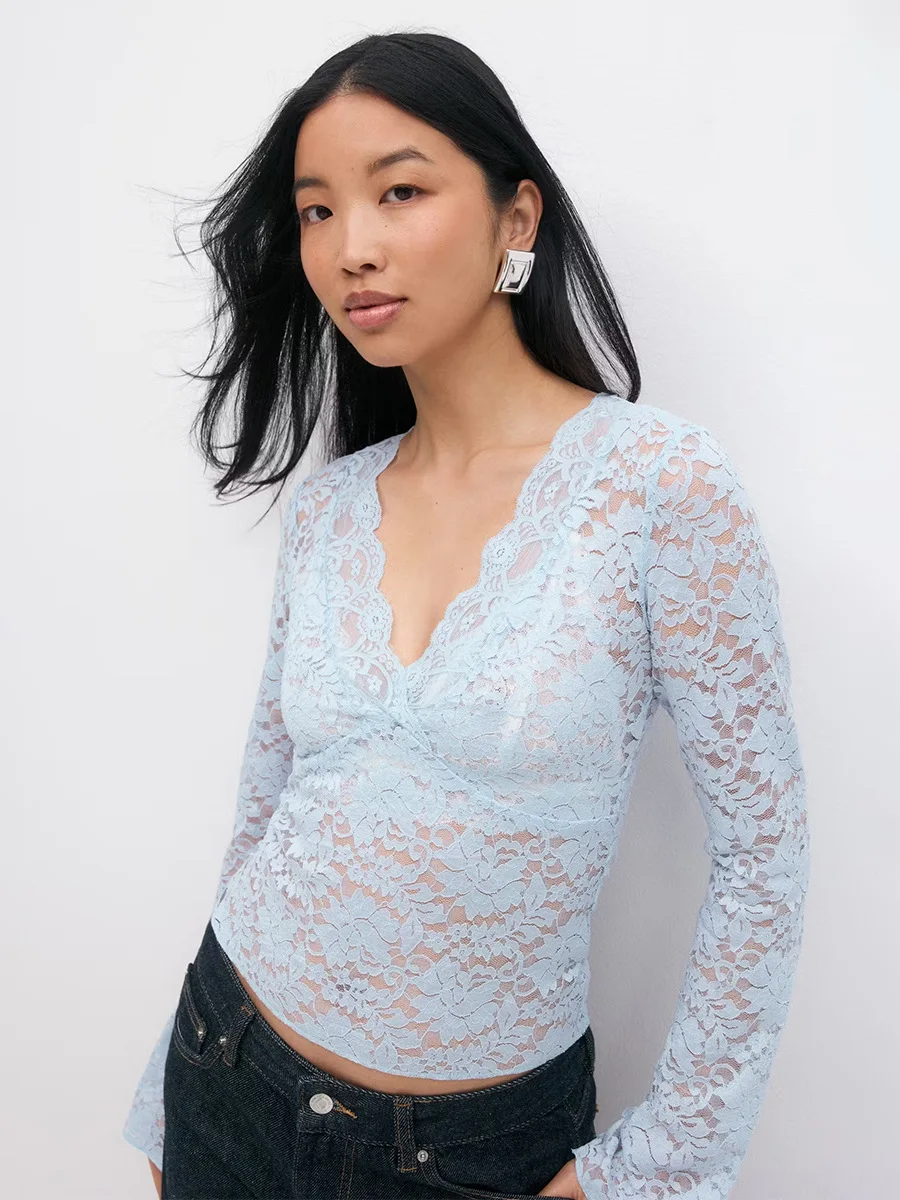 Bornladies Women's Trendy Lace V - Neck Long Sleeve Shirt Sexy Hollow Out Lace Blouse New Autumn Base Layer T-Shirts