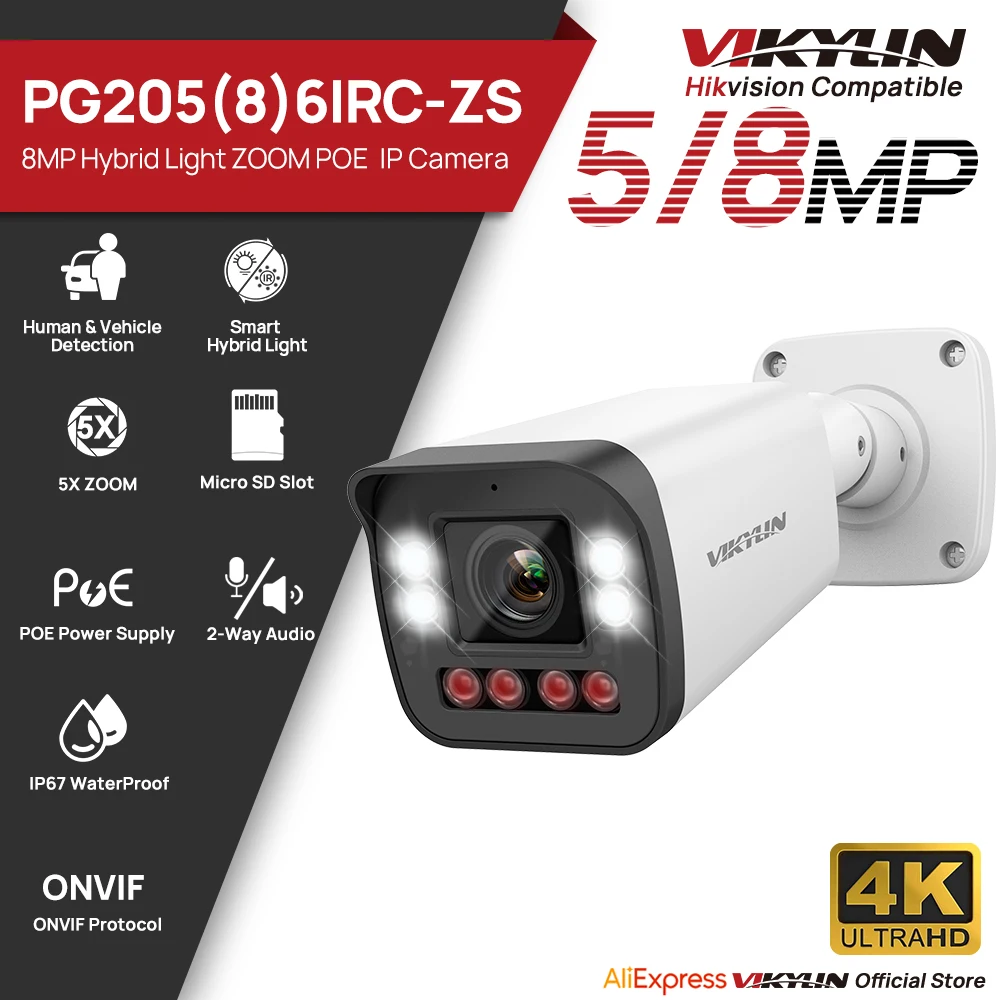 

VIKYLIN Hikvision Compatible 5MP 8MP 5X Zoom Bullet IP Camera SD Card Slot 2-way Audio Surveillance IP Camera Plug&Play Hik NVR