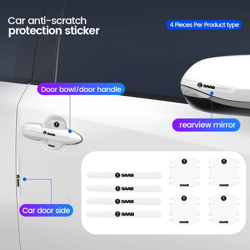 4Pcs Car Door Bowl Handle Protector Stickers Anti-Collision Strip Decalcomanie Per Saab 93 95 9000 600 99 97X Turbo X Monster Gt750 Bj