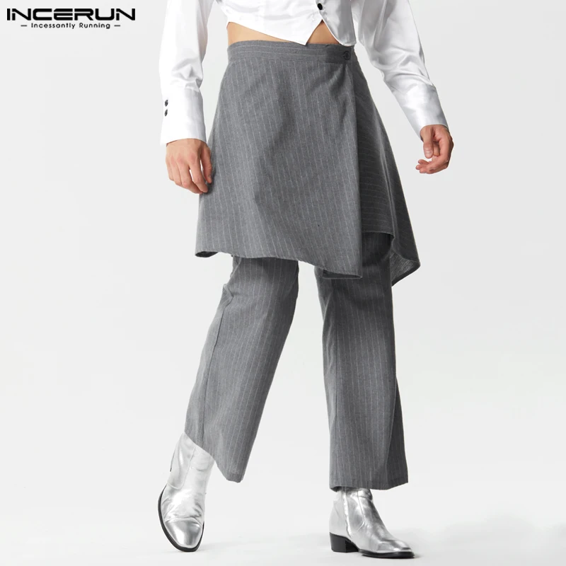 

INCERUN 2023 American Style Men's Fashion Trousers Fake Two-piece Striped Design Skirt Pants Casual Well Fitting Pantalons S-5XL