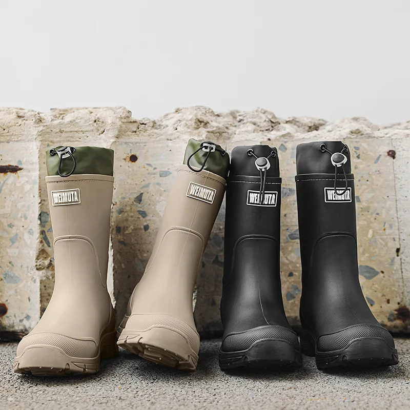 Bottes mi-mollet homme imperméables anti-vent avec cordon - Semelle antidérapante durable PVC randonnée