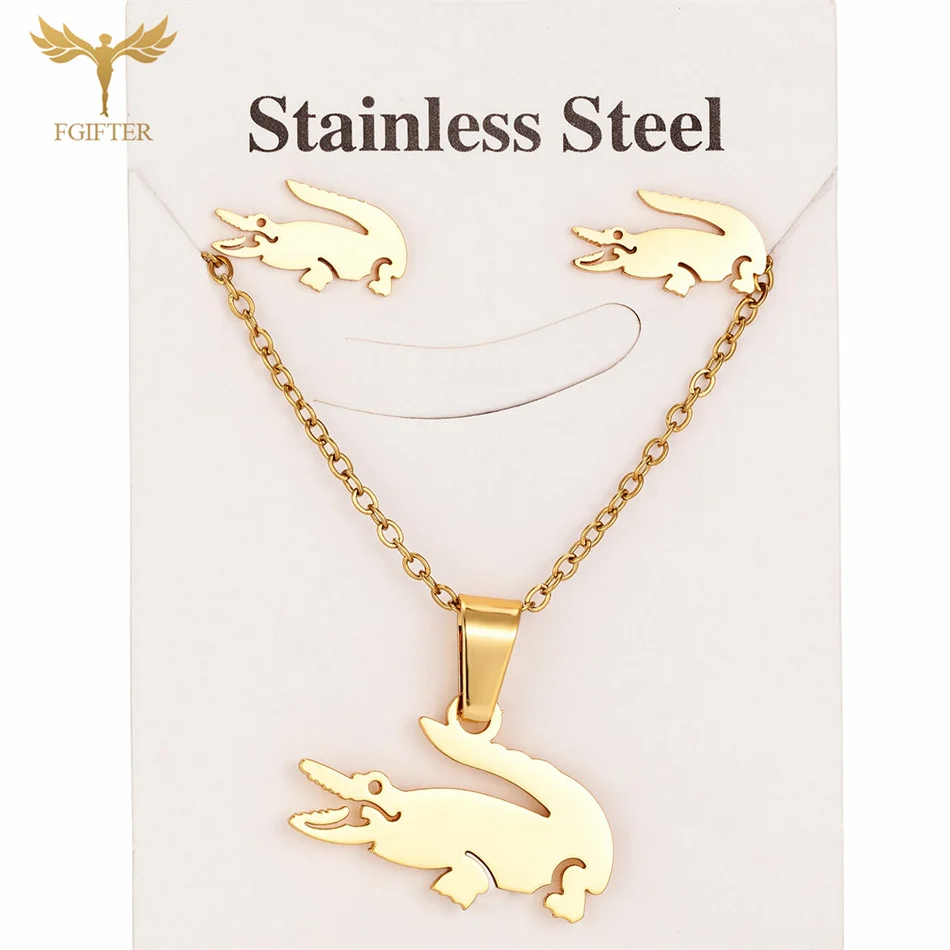 Gold Plated Sainless Steel Jewelry Sets For Women Crocodile Pendant Chain Necklace Stud Earrings Animal Design Party Gifts jewelry sets jewelry set women earrings chain necklace