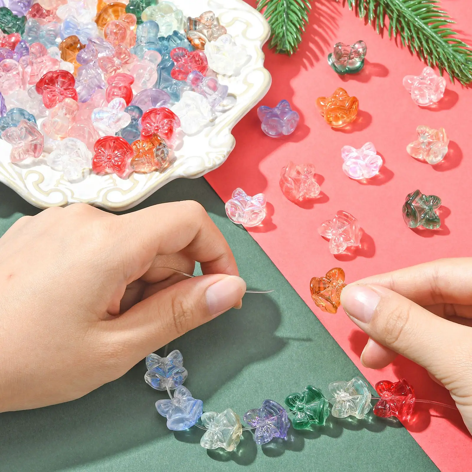 100Pcs Random Color Bell with Bowknot Glass Beads Colorful Bow Beads Christmas Bell Beads for Xmas Jewelry Making Supplies