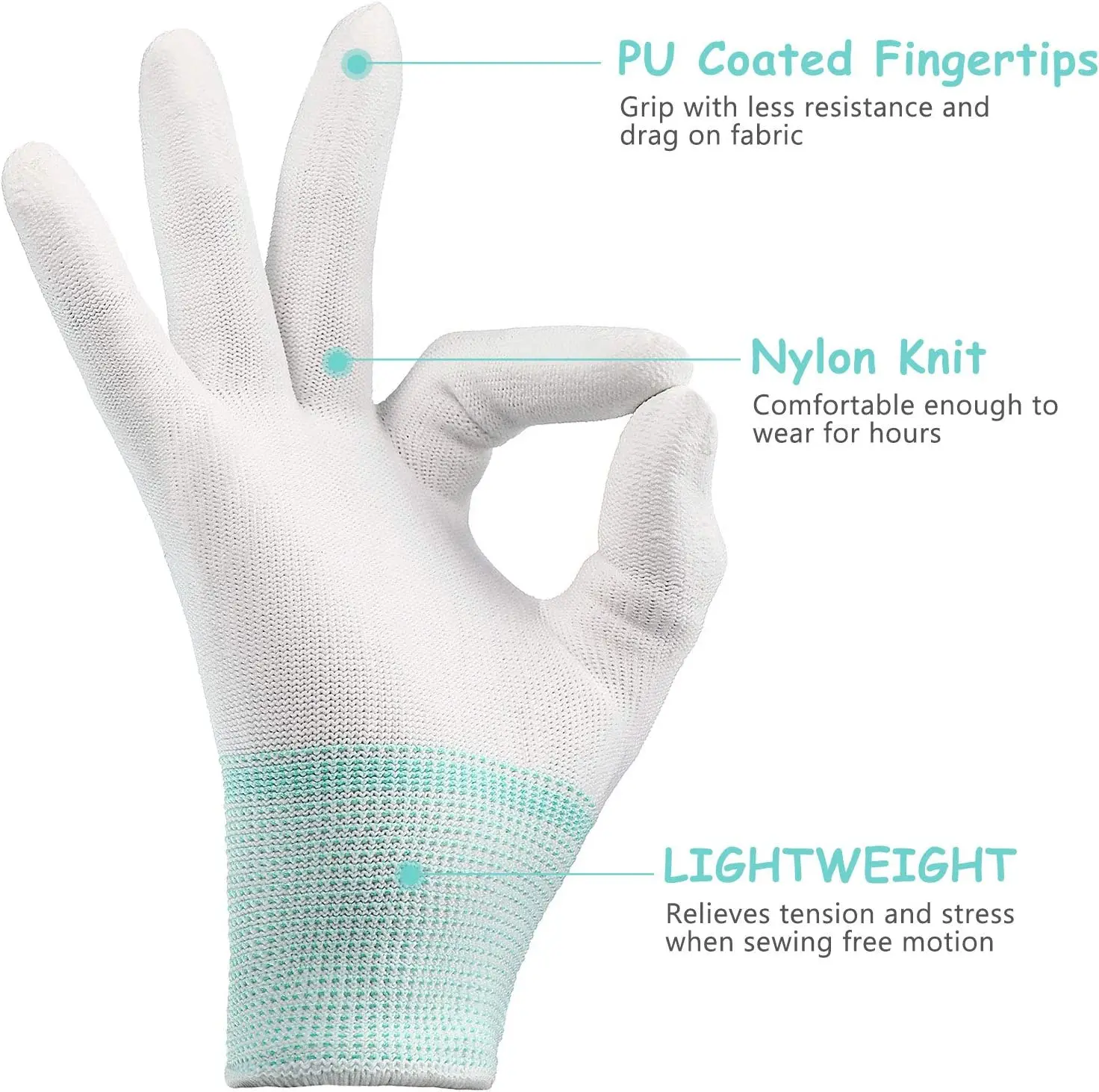 Working Gloves Quilting Gloves for Free-Motion Quilting Nylon Sewing Glove with Grip Fingertip for Crafting Quilter 2Pairs