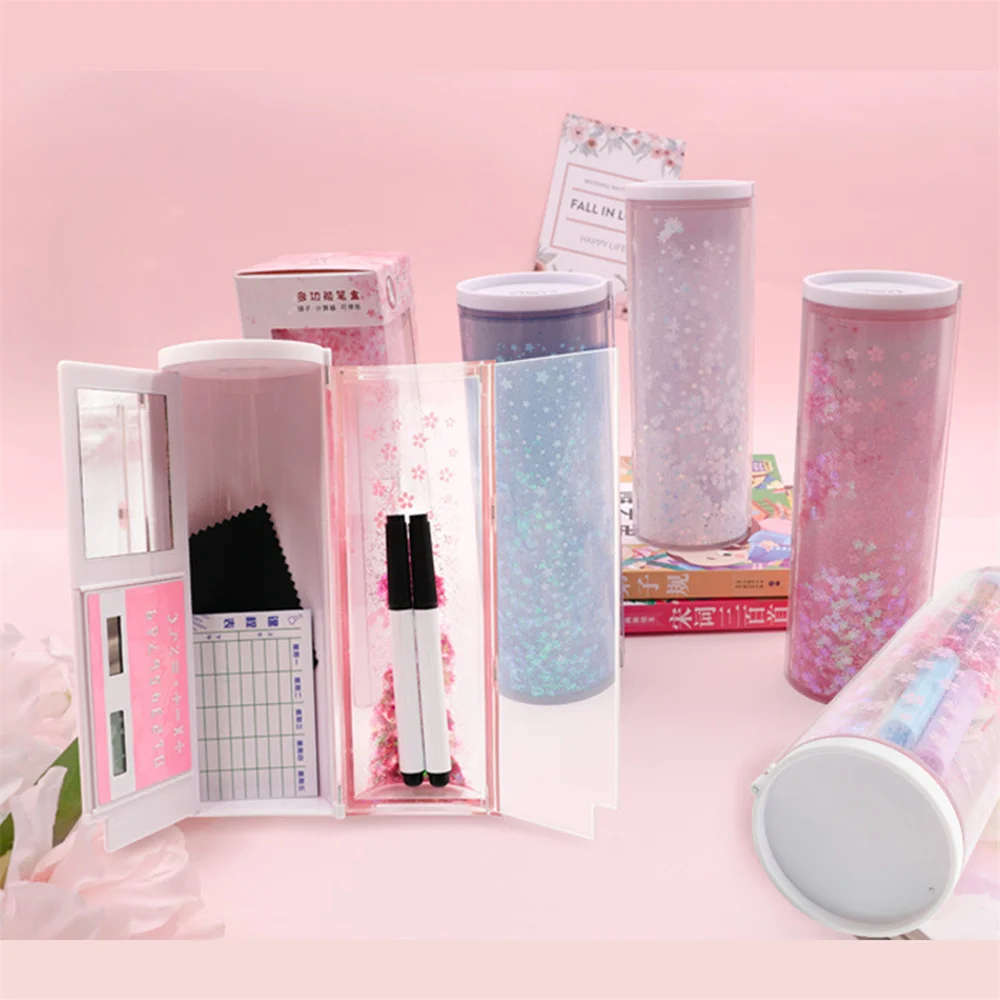 【FUN LIVE】 Multi-Function Pencil Case Large Capacity Pencil Cases Quicksand Translucent Cylindrical Pen Box With Calculator Kids Stationery. 