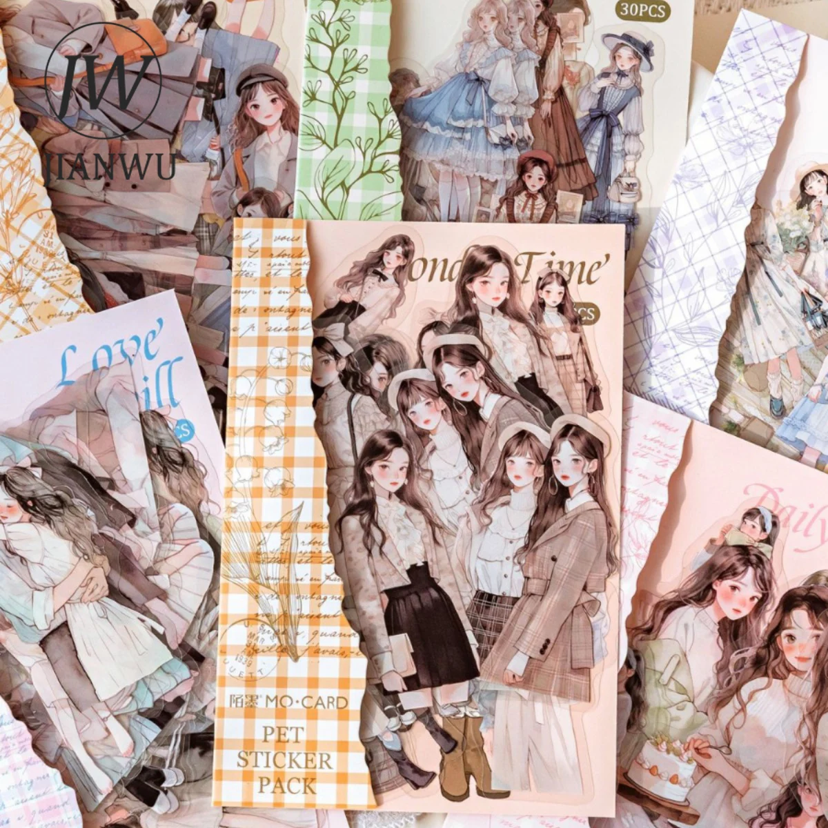 JIANWU Life Tidbits 시리즈 문학적 소녀 캐릭터 소재 장식 PET 스티커, 창의적인 DIY 저널 콜라주 문구, 30 장