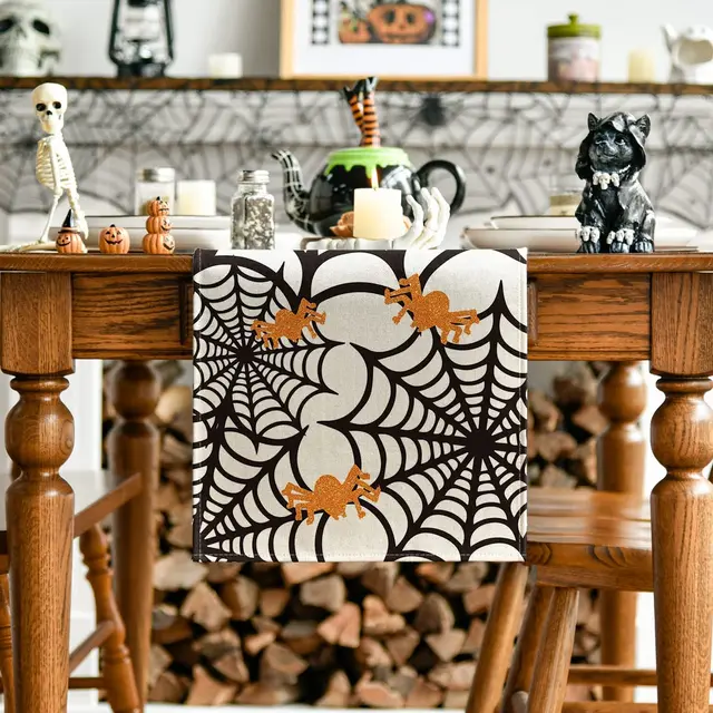 2023 Halloween Fiberflax Table Runner and Placemat Set - Washable Tablecloth with Pumpkin and Ghost Design for Dining Table Decoration - Image 3