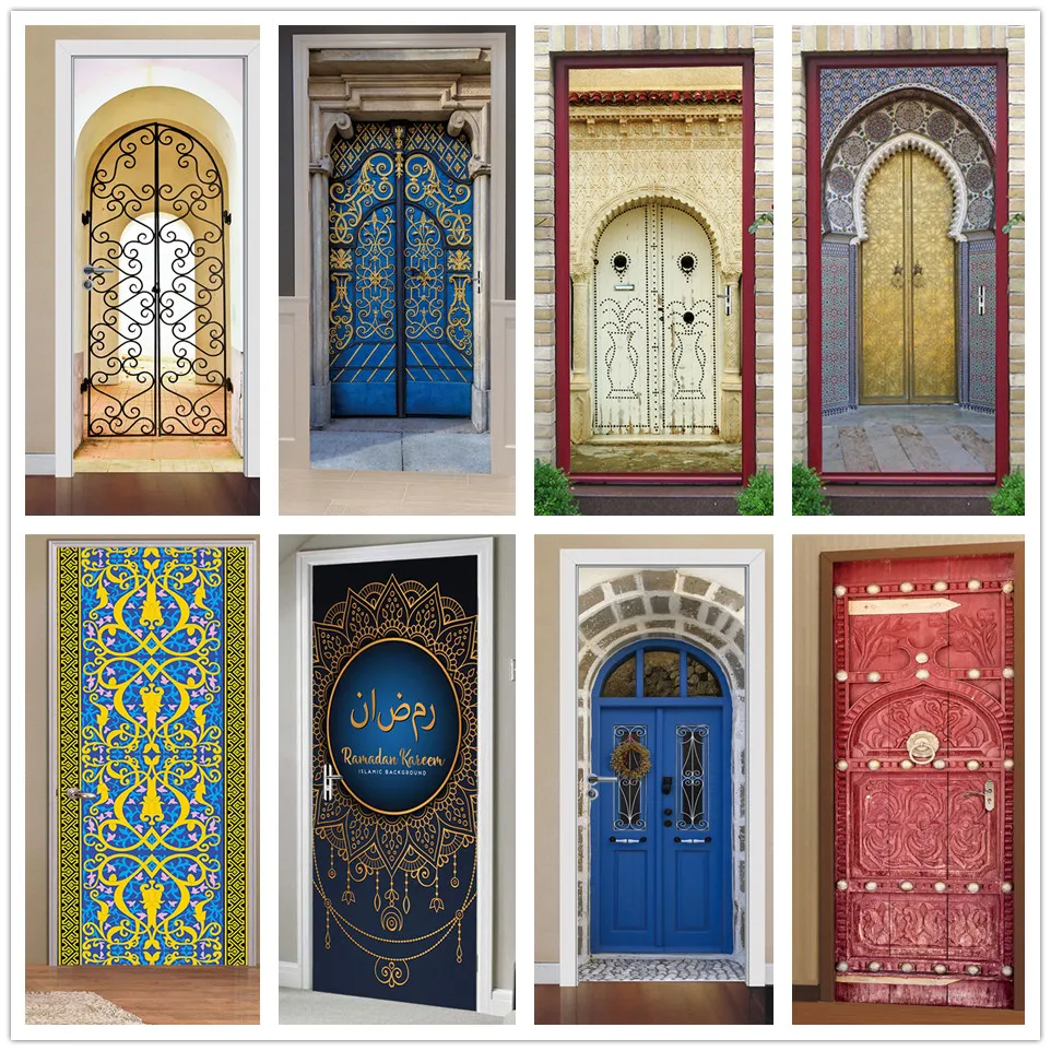 

2pcs/set Muslim Holiday Celebration Door Sticker DIY PVC Self-Adhesive Waterproof On The Door Home Decor Renovation Poster Mural