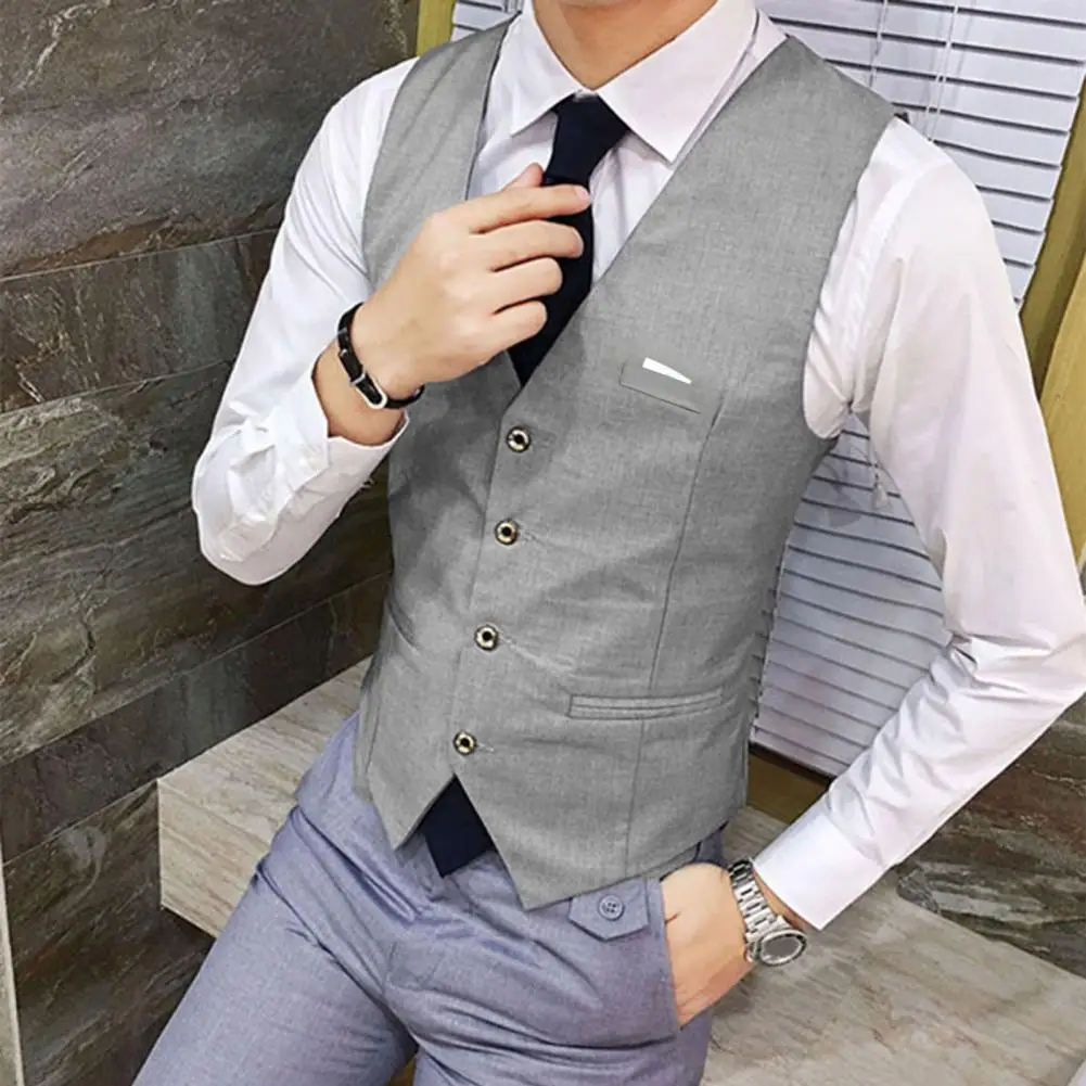 

Fake Pockets Waistcoat Formal Business Groom Wedding Coat Men's V Neck Slim Fit Suit Vest Waistcoat Single-breasted for Business