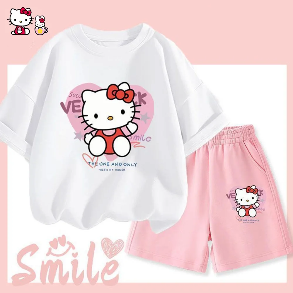 

2Pcs Children T-Shirt Set Hello Kitty New Anime Sanrios Kawaii Cartoon Fashion White Short Sleeve Shorts Summer Beach Sportswear