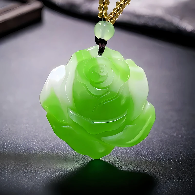 

Green White Real Jade Rose Pendant Necklace Amulet Accessories Vintage Fashion Chinese Natural Carved Jewelry Men Gift