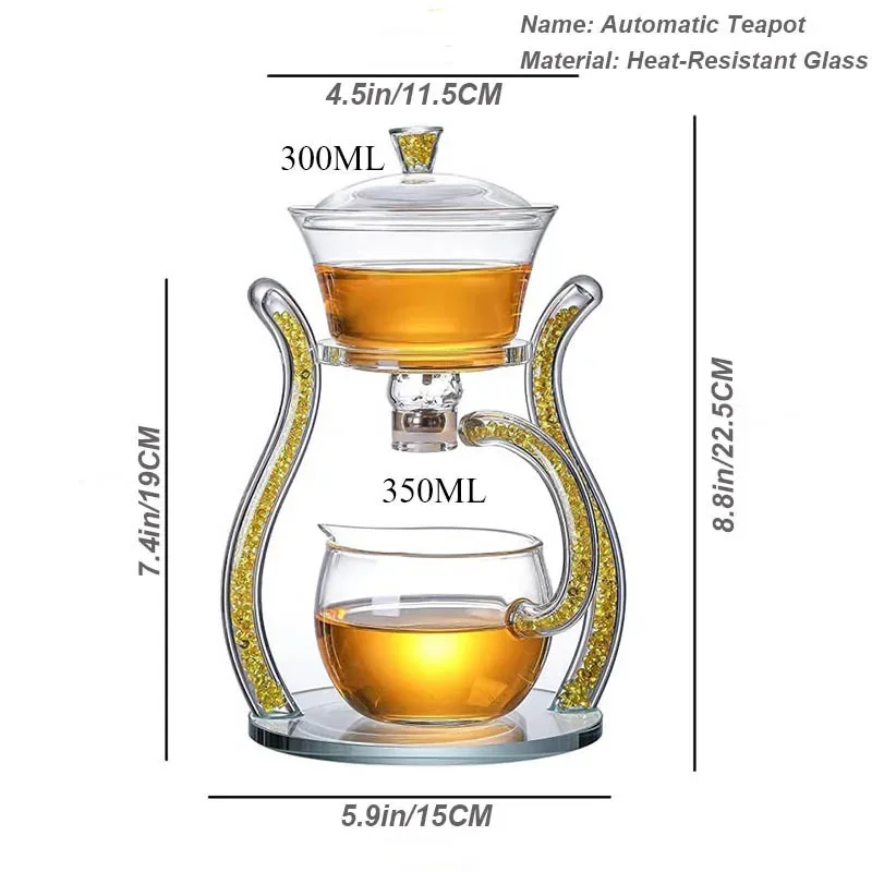 Glass Automatic Lazy Tea Set Crystal Glass Teapot Set Heater Magnetic Rotating Cover Kung Fu Heat-Resistant Teapot 6 Cups