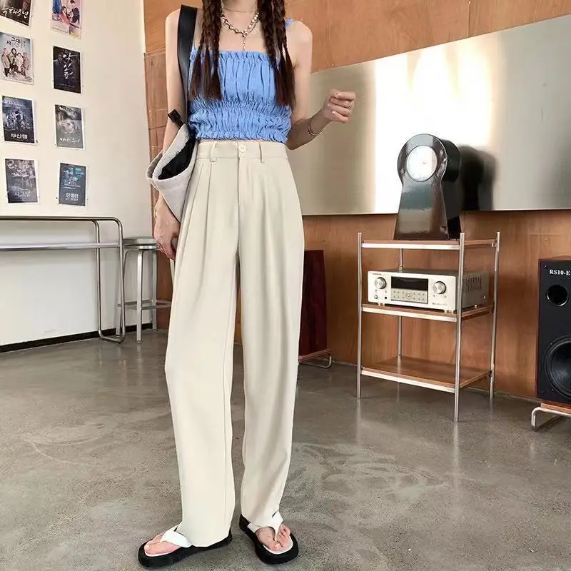 하이 웨이스트 여성용 세트 바지, 가을 스트레이트 오피스 숙녀, 한국 패션 바지, 캐주얼 단추, 루즈 여성 블랙 바지, 신상