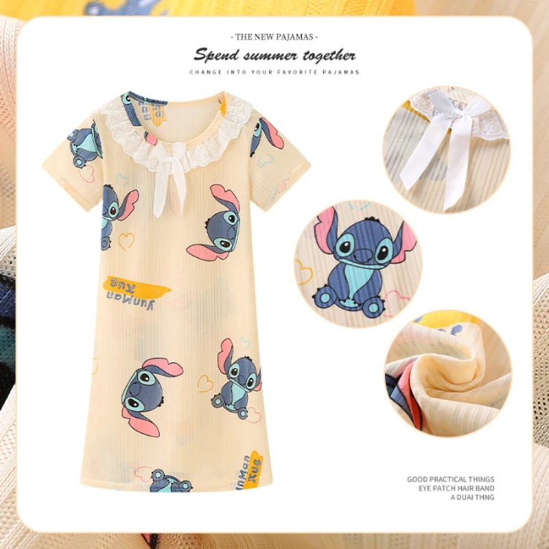 New Summer Dress Girls Nightdress Stitch Cartoon Clothes Pajamas Children's Clothing ShortSleeve Pajamas Dress Kids Family Wear