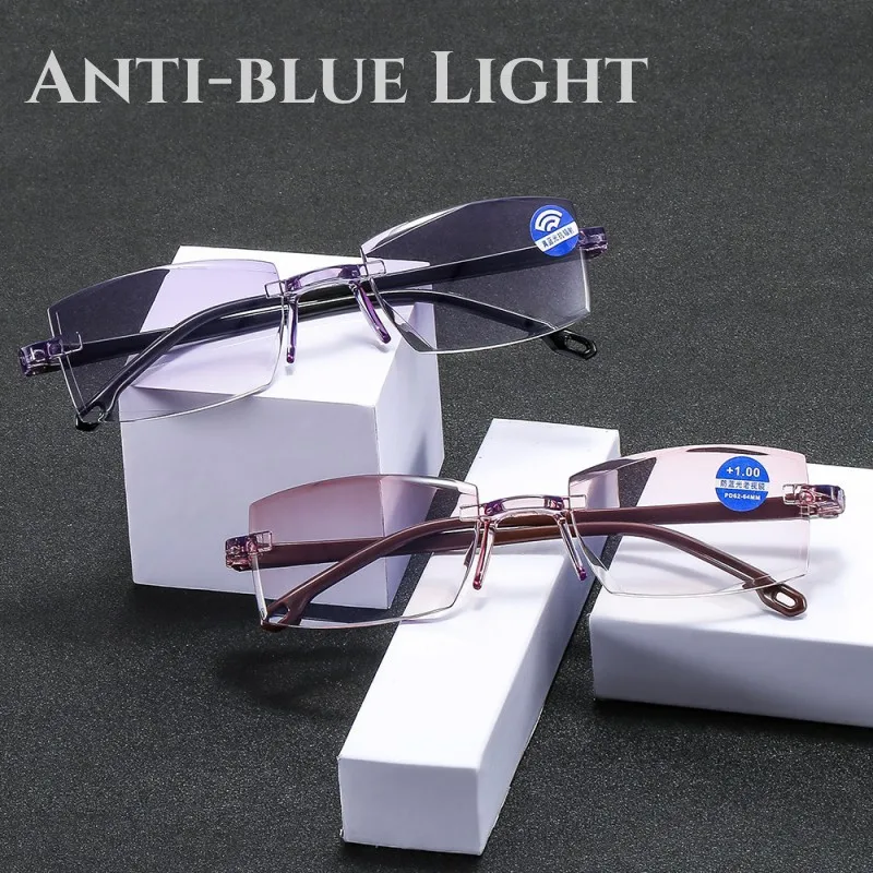 

Anti-Blue Light Near & Far Bifocal Reading Glasses Diamond-cut Men Multifocal Eyewear Rimless Eyeglasses Diopter 0 +1 +1.5 +4.0