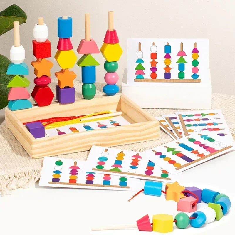 5 in1 Montessori Wooden Toys Color Shape Cognition Blocks Matching Sorting Game Beaded Early Educational Toys Children