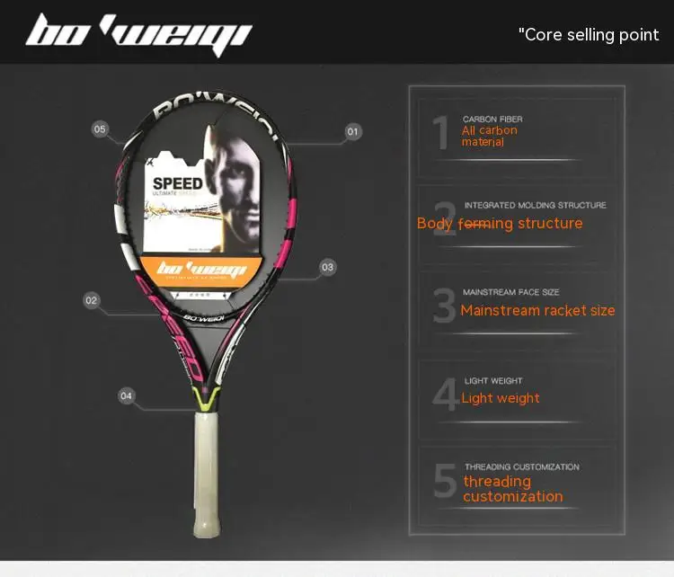 Popovich Genuine Carbon Fiber All Carbon Single Tennis Racket Set for Men and Women Professional Beginner