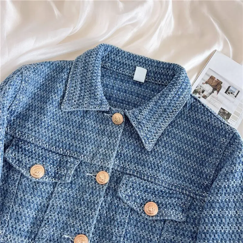 جاكيت دنيم نسائي أنيق بتصميم ريترو، كارديجان قصير، ملابس خارجية نسائية جديدة لربيع وصيف، نمط كوري شعبي