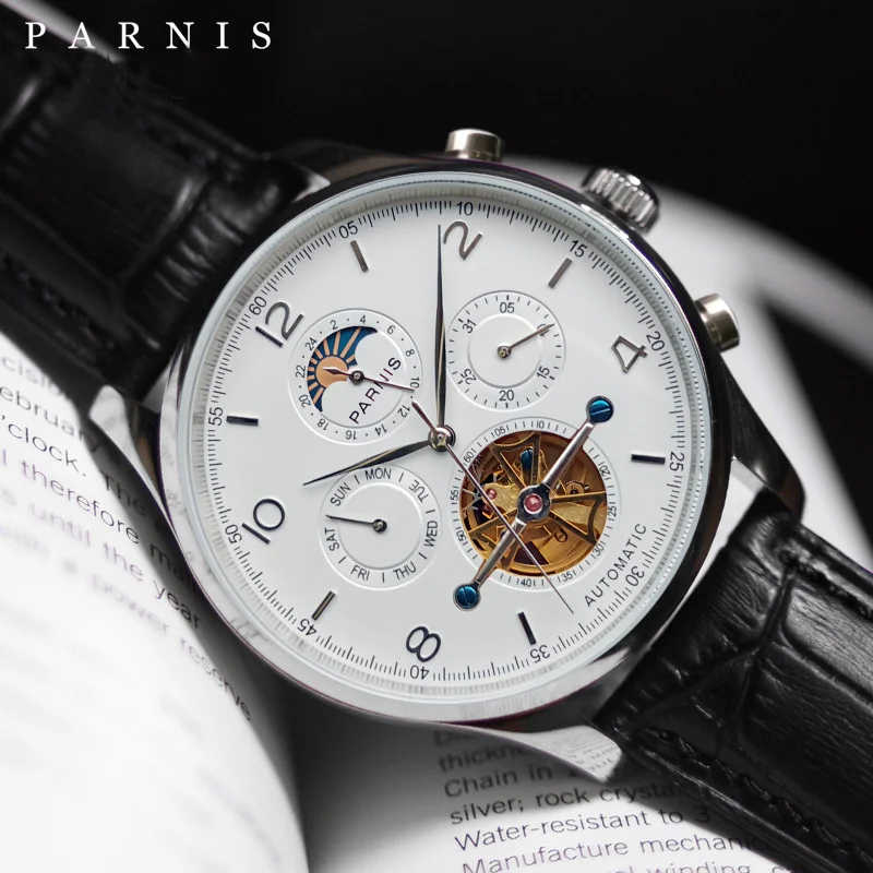 

Parnis 43mm White Dial Automatic Men's Watches Moon Phase Calendar Men Wristwatch JHS35 Movement Mechanical Man Clock Box Gift